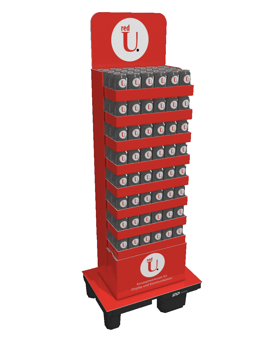 Animation: rotes POS-Display mit red-U Branding, bestückt mit Dosen, 360-Grad-Ansicht