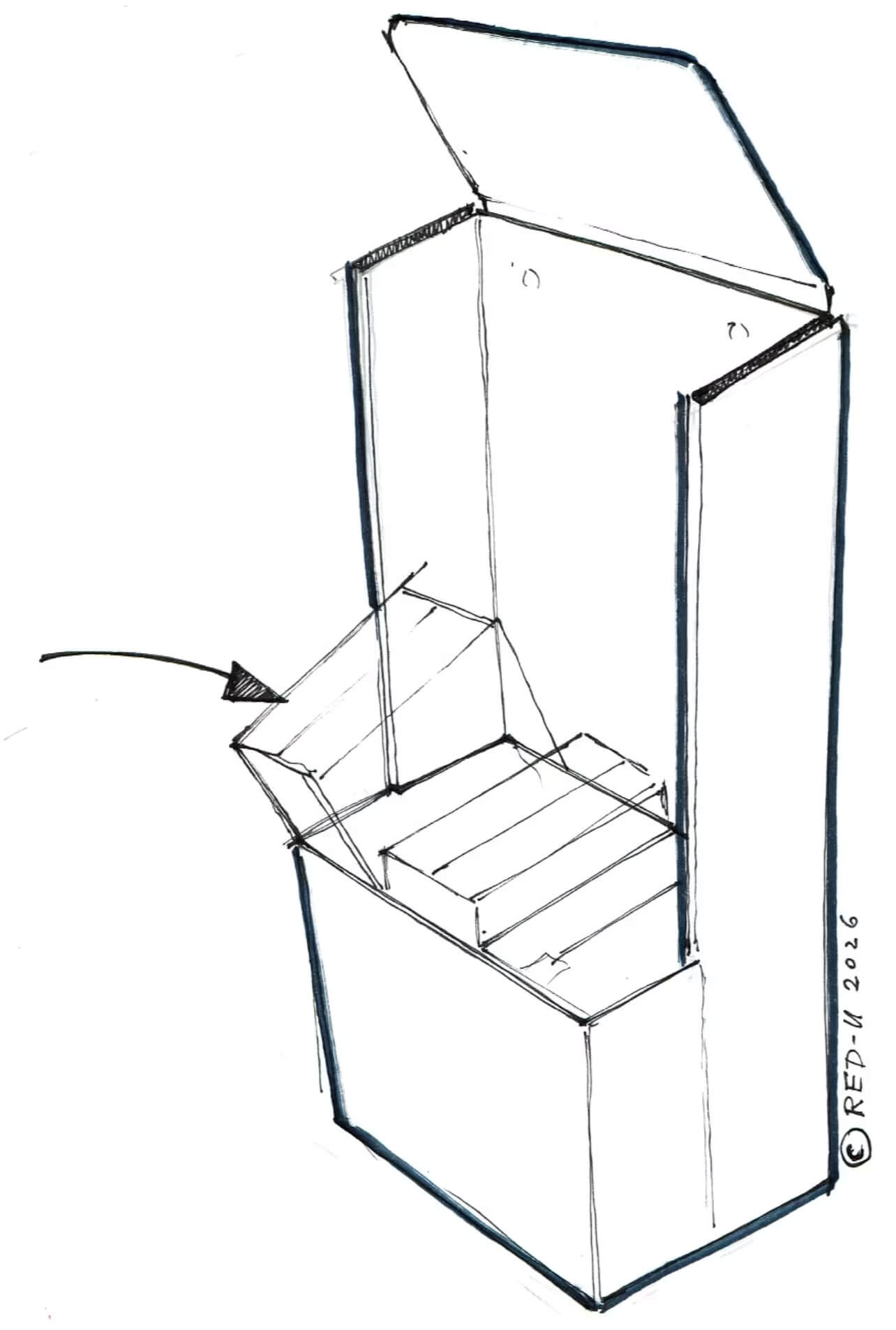 Schematische Skizze eines POS-Displays mit Klapp-Element und Pfeil